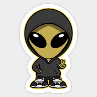 Hooded Space Alien Peace Hand Sign Yellow Sticker